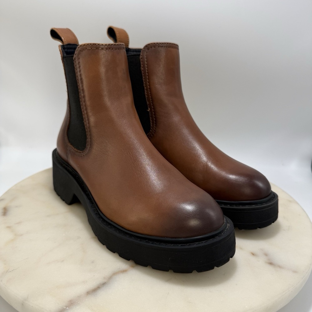 Steve Madden TRAP Chelsea Leather Ankle Boots Cognac Block Heel Round Toe 5.5 M